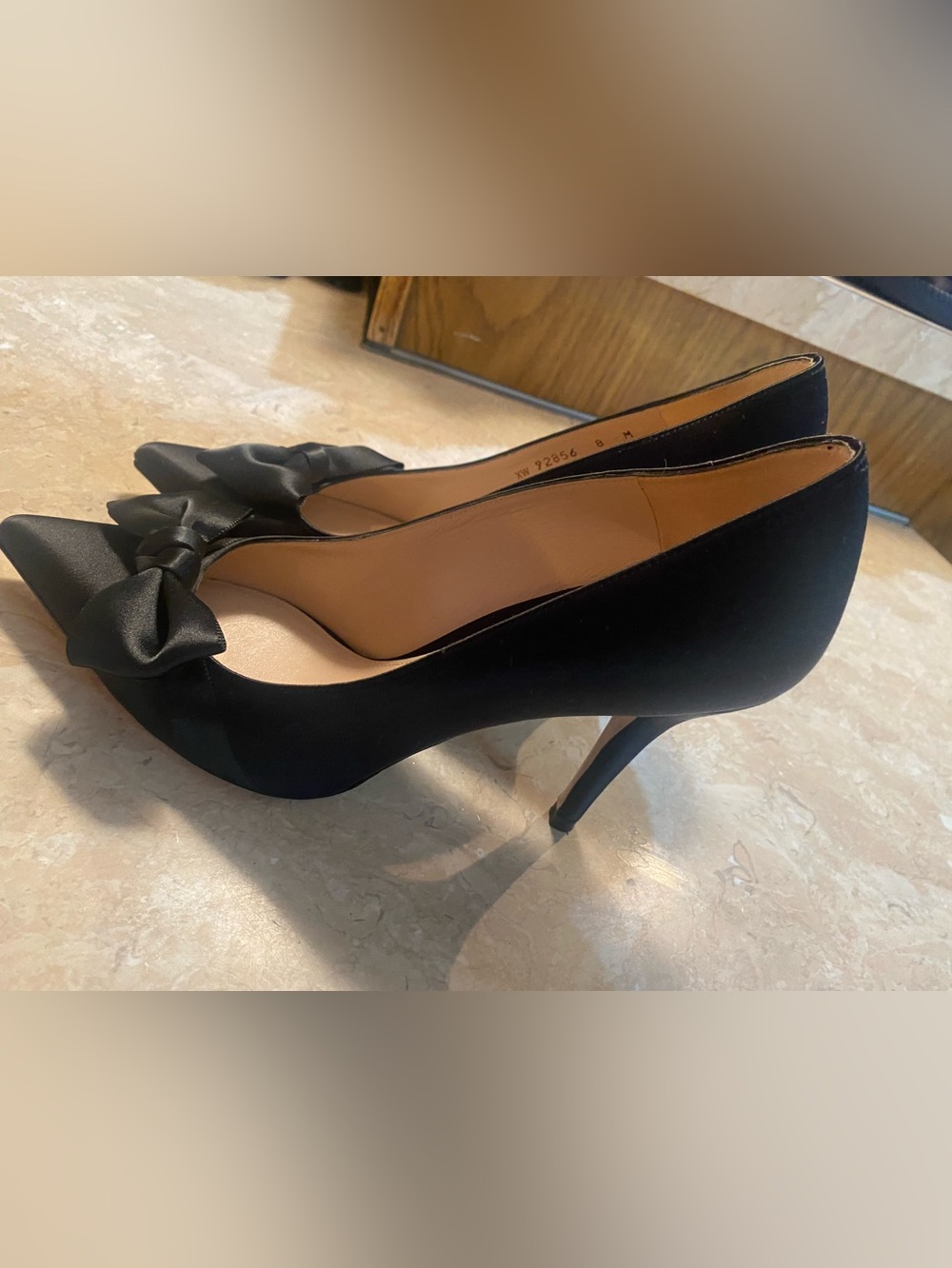 Stuart Weitzman Black Satin Pointed Toe Pumps with Bow Accent - Picture 2 of 7